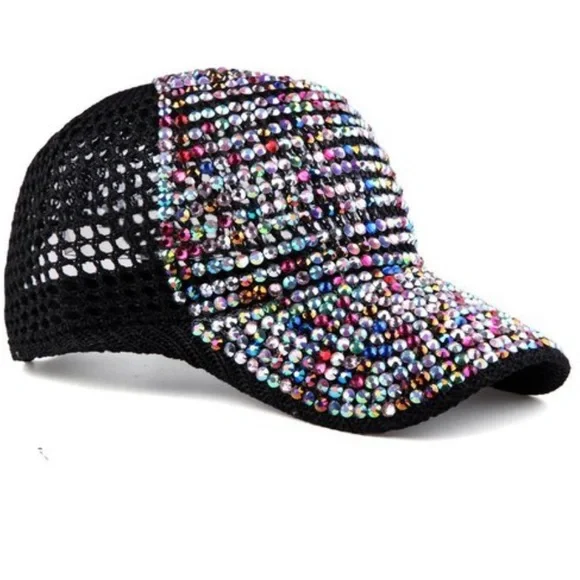 C0485 Black Rhinestone Bling Sparkle Mesh Hat Cap - Picture 4 of 5